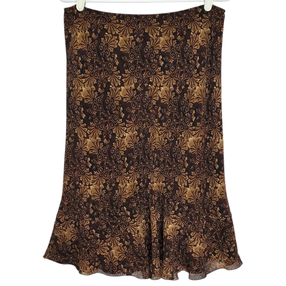2536 * Biyaycda Career Vintage Flowy Hem Midi Skirt Brown Tan Gold Print Size S